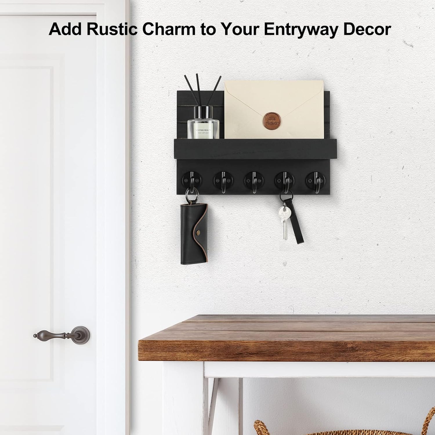 Stylish Rustic Key Holder with Shelf - Perfect for Organizing Keys, Bags, and Coats in Your Entryway